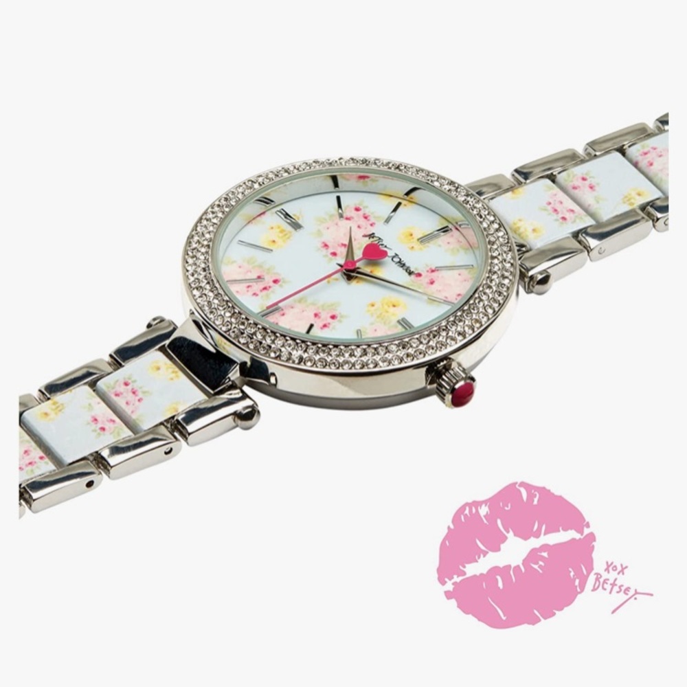 Betsey Johnson Silvertone Strap Watch Floral Printed Dial Crystals